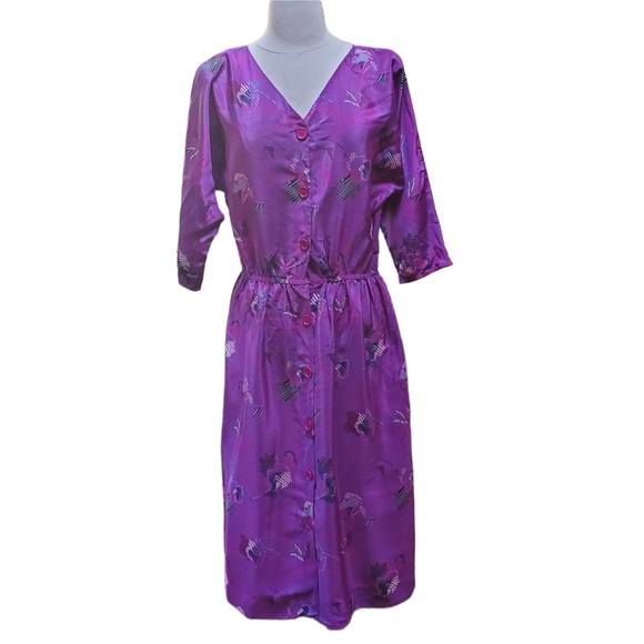 1980s Design Imprints Purple, Floral Dress‎ - Picture 1 of 5